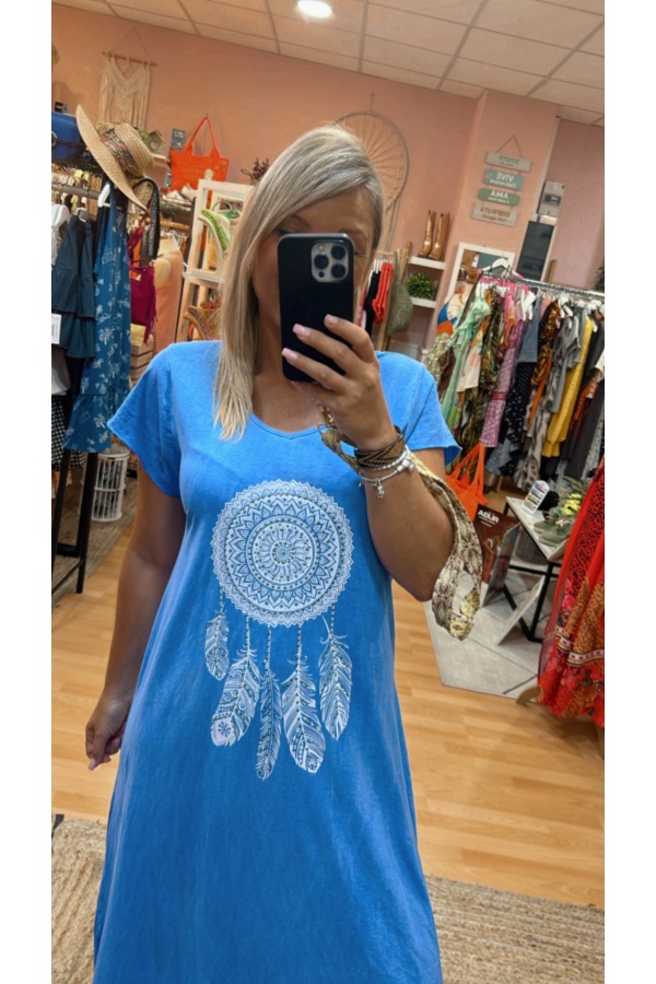 Vestido Atrapasueños. Vestidos. Color: denim claro, verde turquesa, buganvilla