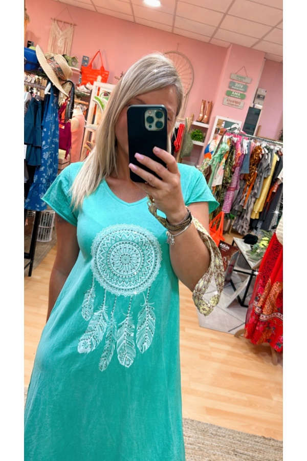 Vestido Atrapasueños. Vestidos. Color: denim claro, verde turquesa, buganvilla