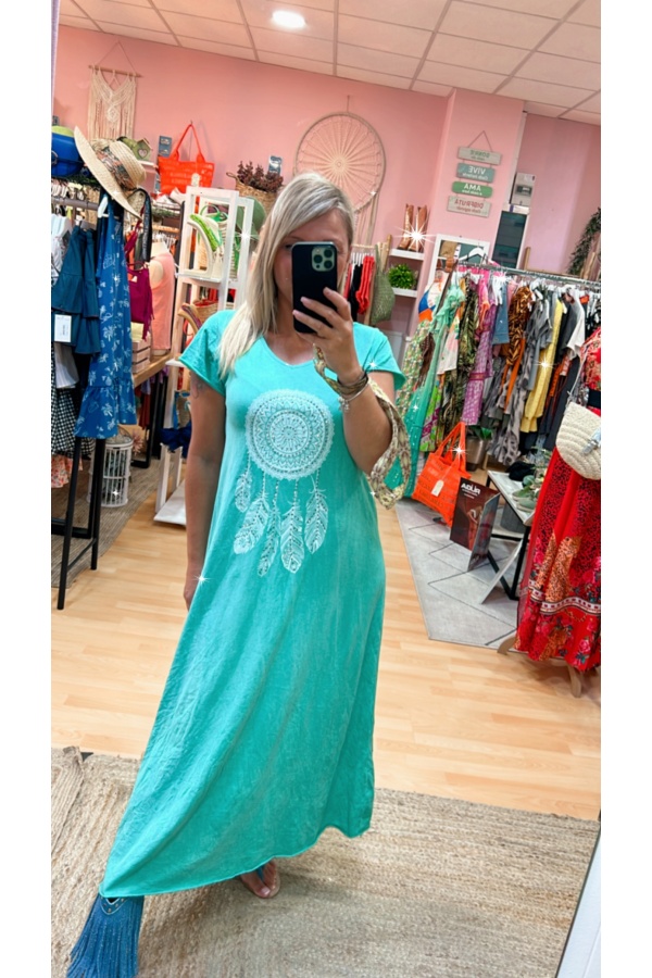 Vestido Atrapasueños. Vestidos. Color: denim claro, verde turquesa, buganvilla