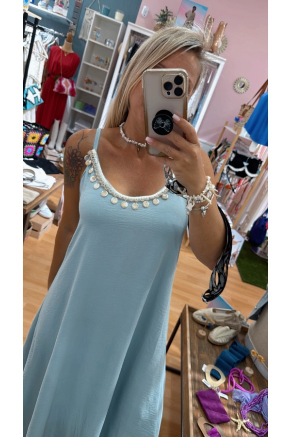 Vestido Sicilia. Vestidos. Color: turquesa, azul cielo, beige, negro; Tallas: