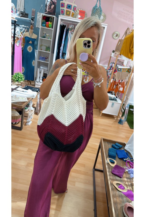 Bolso Tricolor Ganchillo. Inicio. Color: maquillaje, granate, denim claro |