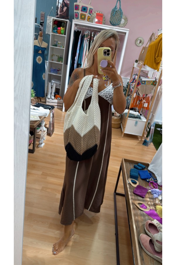 Bolso Tricolor Ganchillo. Inicio. Color: maquillaje, granate, denim claro |