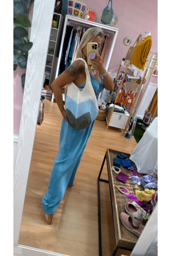 Bolso Tricolor Ganchillo. Inicio. Color: maquillaje, granate, denim claro |