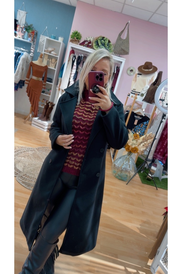 Abrigo Paño Cinturon. Prenda exterior. Color: granate, negro; Tallas: talla unica