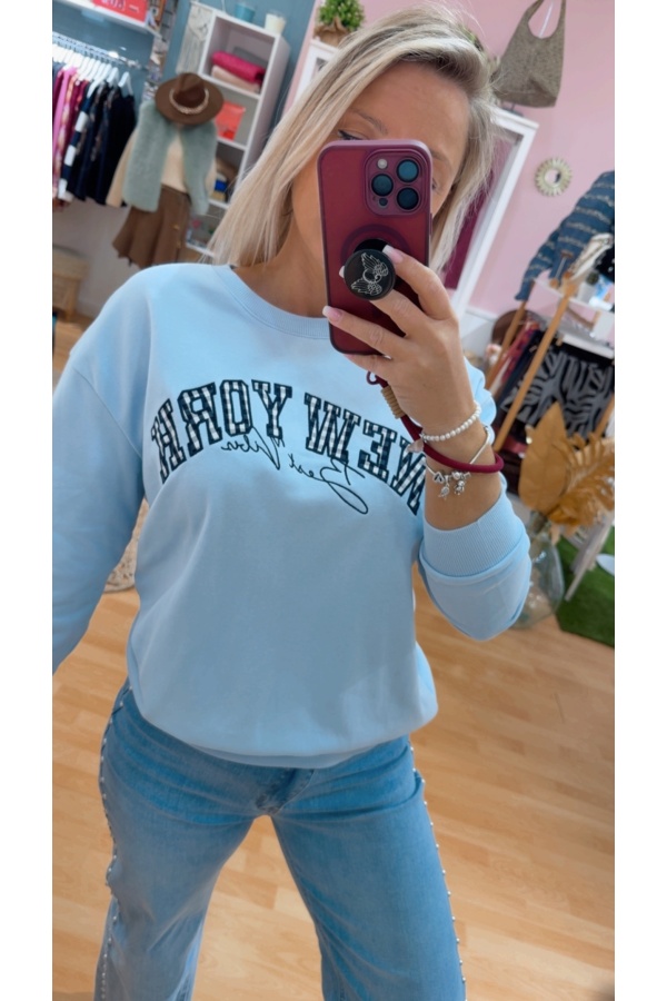 Sudadera New York Celeste. Sueters / Jersey. Tallas: m, l, s | Bambalinas Closet