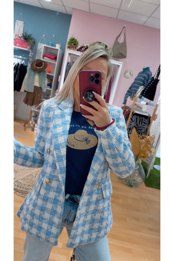 Blazer Tweed. Prenda exterior. Color: azul pastel; Tallas: m, l, xl, s |