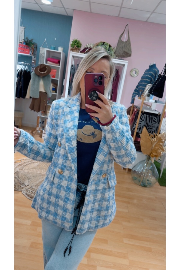 Blazer Tweed. Prenda exterior. Color: azul pastel; Tallas: m, l, xl, s |