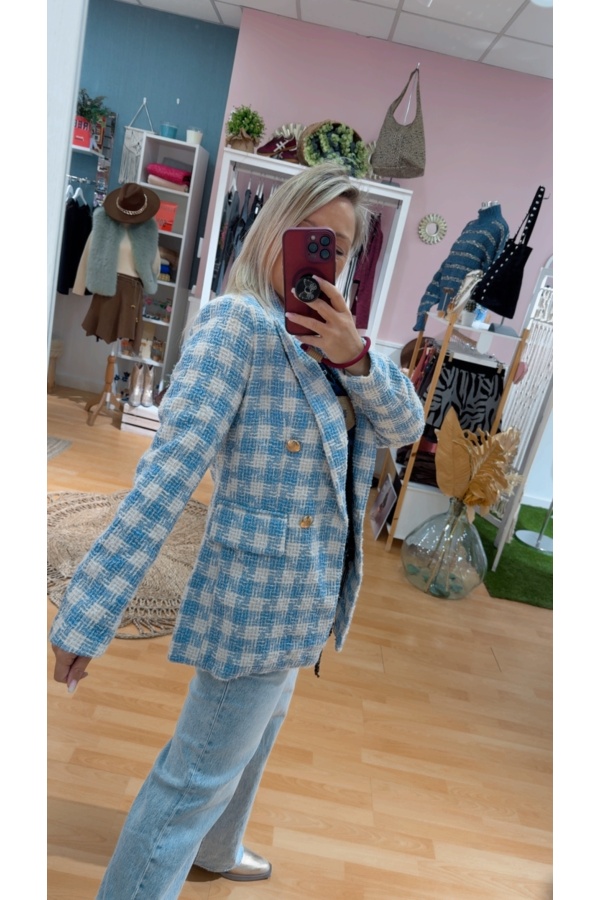 Blazer Tweed. Prenda exterior. Color: azul pastel; Tallas: m, l, xl, s |