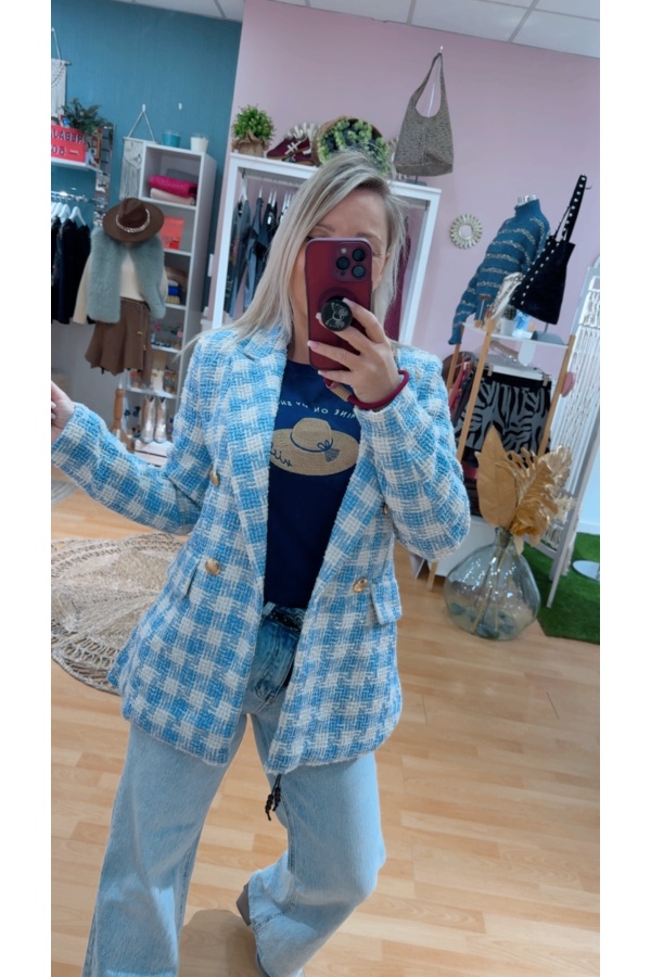 Blazer Tweed. Prenda exterior. Color: azul pastel; Tallas: m, l, xl, s |