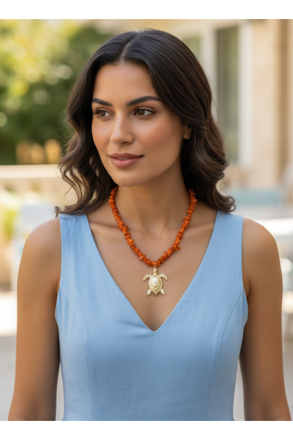 Collar Tortuga Marina. Bisuteria. Color: rojo, turquesa, mandarina, beige