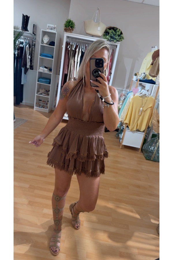 Vestido Orisha. Vestidos. Color: marron chocolate, beige, negro; Tallas: talla