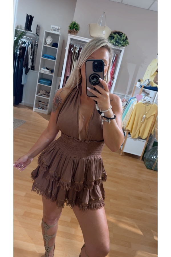 Vestido Orisha. Vestidos. Color: marron chocolate, beige, negro; Tallas: talla