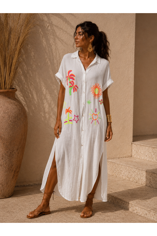Bluson Bordado. Vestidos. Color: rosa flúor, blanco; Tallas: talla unica |