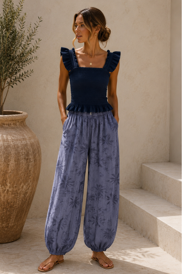 Pantalon Palmeras. Pantalones / Shorts. Color: buganvilla, caldera, azul noche