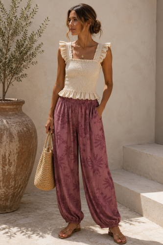 Pantalon Palmeras. Pantalones / Shorts. Color: azul noche, vino, caldera; Tallas: