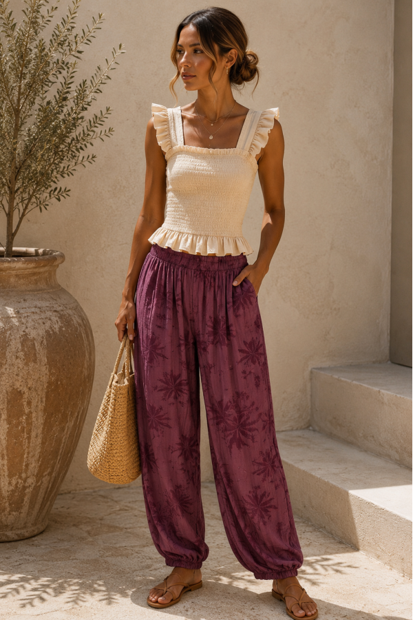 Pantalon Palmeras. Pantalones / Shorts. Color: caldera, azul noche, vino, verde