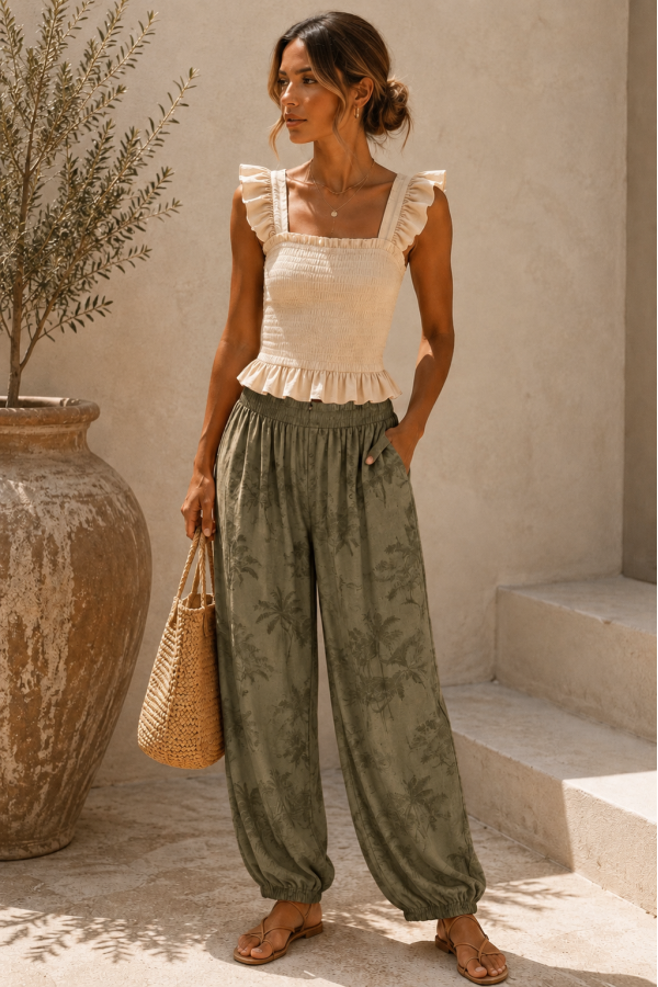 Pantalon Palmeras. Pantalones / Shorts. Color: caldera, azul noche, vino, verde