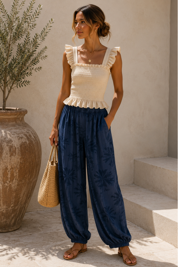 Pantalon Palmeras. Pantalones / Shorts. Color: caldera, azul noche, vino, verde