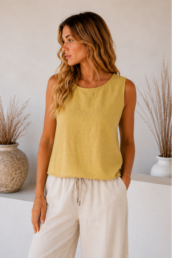 Top Asia. Inicio. Color: amarillo pastel, blanco roto; Tallas: talla unica |