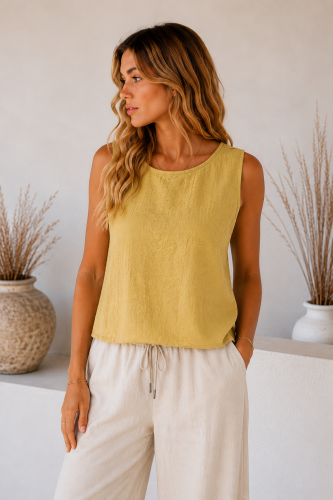 Top Asia. Inicio. Color: amarillo pastel, blanco roto; Tallas: talla unica |
