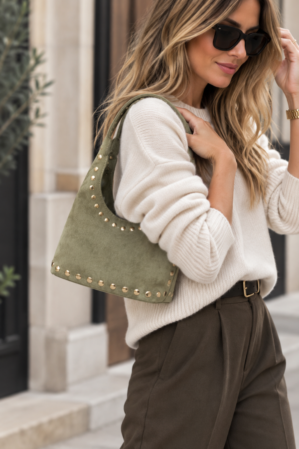 Bolso Tachas. Bolsos. Color: verde kaki, camel | Bambalinas Closet