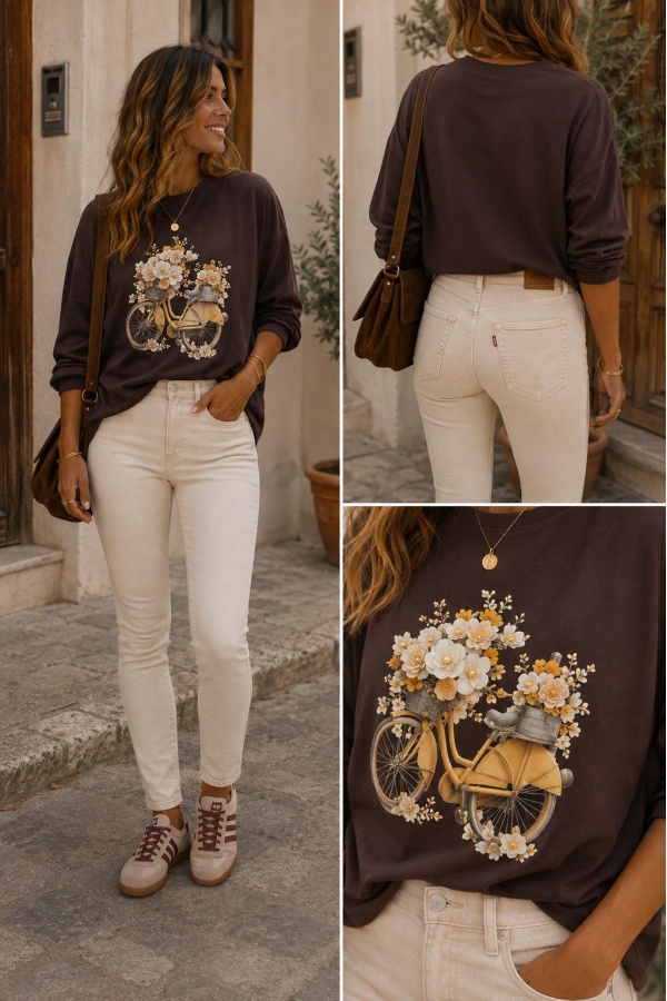 Camiseta Bici Flores. Camisetas. Color: marron chocolate, blanco; Tallas: s, m