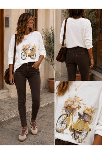 Camiseta Bici Flores. Camisetas. Color: marron chocolate, blanco; Tallas: s, m
