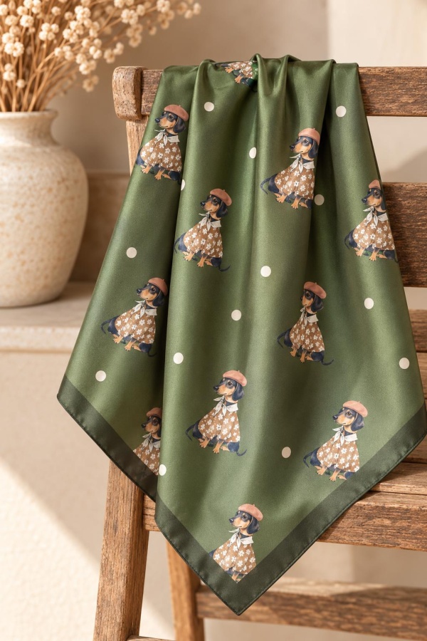 Pañuelo Perrito Parisino. Pañuelos /Bufandas. Color: marron chocolate, verde